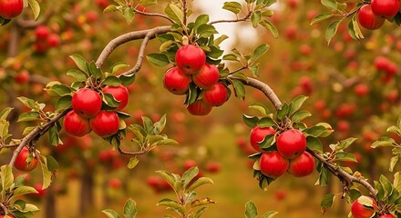 Obraz premium Abundant Red Plums Hanging on Branches in Orchard.