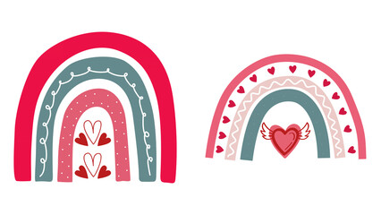 Collection set of Boho Rainbow illustrations Element hand draw Love postcard and  red hearts, symbolizing romance and Valentine's Day PNG Transference