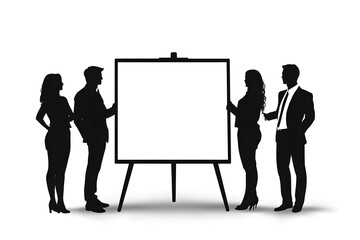 Silhouetted Business Team Presentation: A united business team gathers around a blank presentation board, poised for a collaborative discussion or insightful presentation.