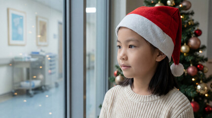 Thoughtful young girl in santa hat gazing out hospital window beside decorated christmas tree during festive holiday season
