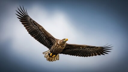 Obraz premium A magnificent white-tailed sea eagle soars gracefully through a dramatic cloudy sky, showcasing its impressive wingspan and powerful presence in the wild