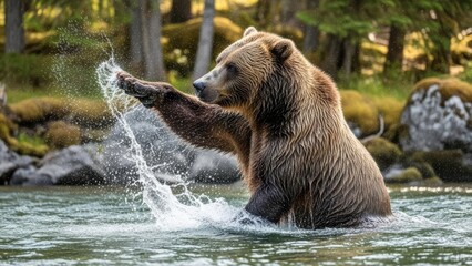 Obraz premium Grizzly bear splashing water in a river with its paw, enjoying a refreshing moment in its natural habitat