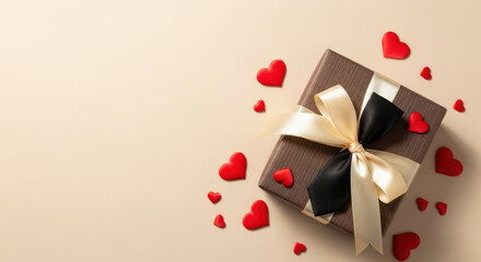 Romantic gift box with black and gold ribbon surrounded by scattered red hearts on pastel background for love celebration concept