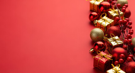 Festive red and gold christmas ornaments and gift boxes arranged on vibrant red background with copy space for seasonal design