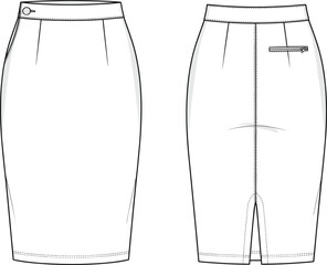 Pencil skirt technical fashion sketch, clean waistband design, welt pocket, center back vent, front and back view, garment construction, apparel template