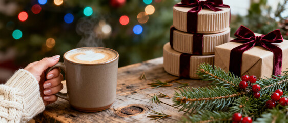 Cozy winter holiday scene with steaming coffee mug, wrapped gifts, evergreen branches and festive lights on rustic wooden table