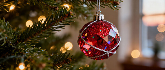 Glittering red christmas bauble hanging on evergreen tree branch with festive lights and cozy warm holiday bokeh background