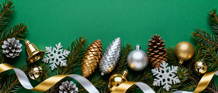 Festive christmas border with evergreen branches, golden ornaments, pine cones, silver baubles, snowflakes and ribbon on green background - Powered by Adobe