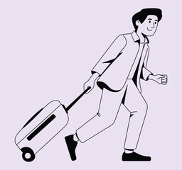 illustration of a happy traveler pulling luggage, expressing excitement, adventure spirit, business trip readiness, joyful movement, travel lifestyle, journey preparation, and modern vector design 