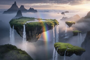 Floating islands with waterfalls and rainbow over misty mountain landscape