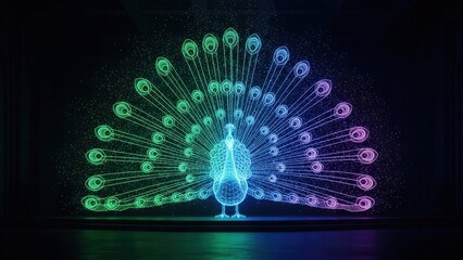 Abstract peacock with colorful light trails on dark background