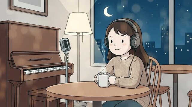 Relaxing animation of girl listening to music in cozy night cafe interior
