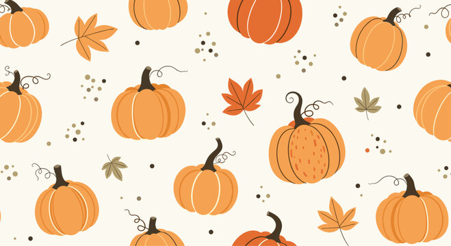 Cozy autumn seamless pattern with hand-drawn orange pumpkins, fall leaves, and dots on a light, warm-toned background.
