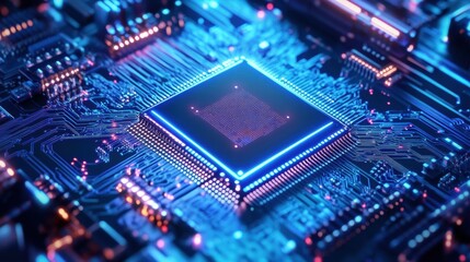 Fototapeta premium AI-powered Futuristic Quantum Computing System with Blue Background