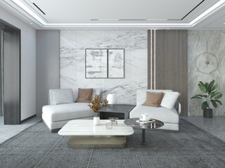 Modern luxury living room interior with white sofas, marble wall panels, coffee tables, grey rug and elegant home decor, 3D rendering.