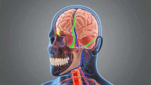 Anatomical illustration of human brain and nervous system pathways