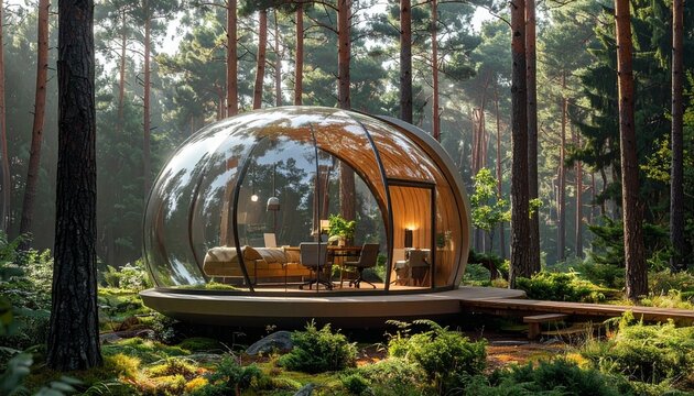 Modern Glass Dome Cabin Nestled in a Serene Pine Forest.