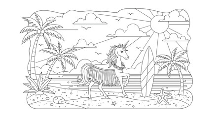 Obraz premium Intricate tropical beach scene coloring page featuring a unicorn in a hula skirt with palm trees, the sun, and the ocean.