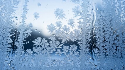 Frosty Window Pane Intricate Ice Crystals on Glass Displaying Winter's Beauty