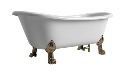 Elegant white clawfoot bathtub isolated PNG, vintage style bathroom fixture with golden ornate feet on transparent background