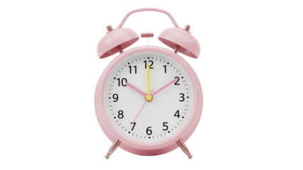 Pink alarm clock PNG isolated on transparent background, retro style timepiece showing ten past twelve for time management and deadlines