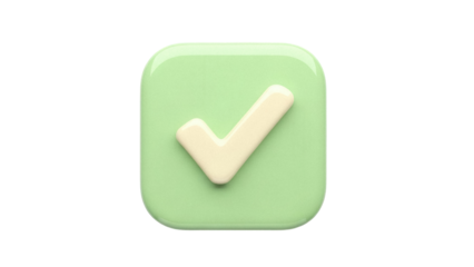3D check mark icon isolated PNG on transparent background, green square button with tick symbol for approval and confirmation