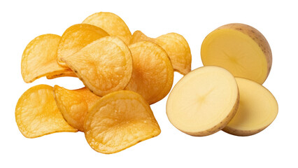Golden potato chips and sliced potatoes isolated PNG, crispy snack food on transparent background for healthy eating and cooking concepts
