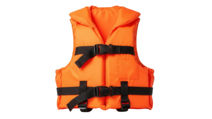 Bright orange life jacket PNG isolated on transparent background, safety equipment for boating and water sports