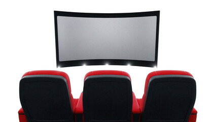 Cinema screen and red seats isolated PNG, movie theater interior with empty screen for film presentation and entertainment concept