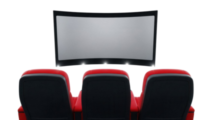 Cinema screen and red seats isolated PNG, movie theater interior with empty screen for film presentation and entertainment concept