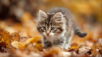 Obraz premium Adorable fluffy tabby kitten exploring vibrant autumn leaves in a picturesque outdoor setting with soft natural lighting.