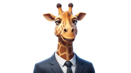 Cartoon giraffe in a suit PNG isolated on transparent background, anthropomorphic animal character for design and creative projects