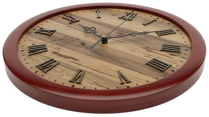 Round wooden wall clock with Roman numerals isolated PNG, vintage timekeeping device for home decor and antique design projects