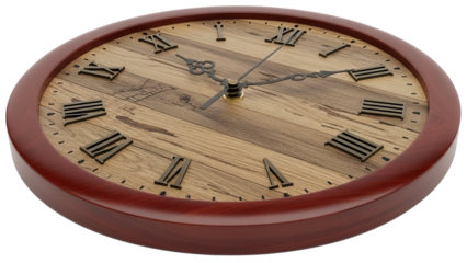 Round wooden wall clock with Roman numerals isolated PNG, vintage timekeeping device for home decor and antique design projects