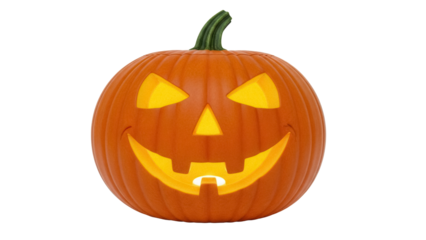 Orange Halloween pumpkin with carved face isolated PNG, spooky jack-o -lantern for holiday decoration and celebration on transparent background
