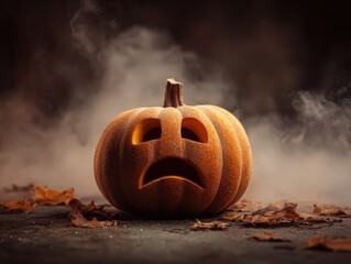 Spooky Halloween pumpkin with sad face emitting ghostly fog, perfect for autumn holiday designs or eerie themed projects