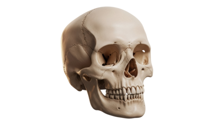 Human skull isolated PNG, anatomical bone structure of cranium and teeth on transparent background, medical and educational resource