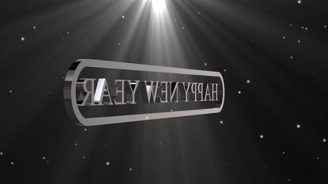 Elegant 3d happy birthday text in silver on dark background with light effects and particles