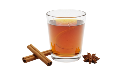 Aromatic spiced tea in glass isolated PNG, with cinnamon sticks and star anise on transparent background, cozy winter beverage
