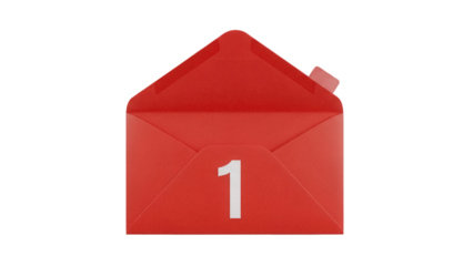 Red envelope with number 1 isolated PNG, notification icon for social media and email marketing on transparent background