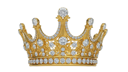 Golden crown with diamonds isolated PNG, royal jewelry for queen or princess on transparent background