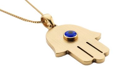 Gold Hamsa hand pendant with blue evil eye isolated PNG, Middle Eastern amulet for protection and good luck on transparent background