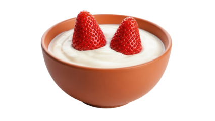 Two fresh strawberries in a bowl of yogurt isolated PNG, healthy breakfast dessert with fruit on transparent background