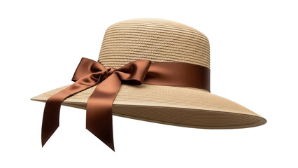 Elegant beige straw sun hat with brown ribbon isolated PNG, stylish summer headwear for women on transparent background