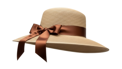 Elegant beige straw sun hat with brown ribbon isolated PNG, stylish summer headwear for women on transparent background