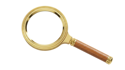 Magnifying glass with golden frame and brown handle isolated PNG, search tool for detective work and investigation on transparent background