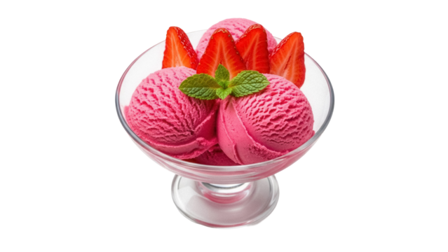 Strawberry ice cream in glass isolated PNG, refreshing summer dessert with fresh strawberries and mint on transparent background - Powered by Adobe