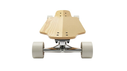 Longboard skateboard isolated PNG on transparent background, wooden deck with grip tape and white wheels for extreme sports and recreation © Miguel