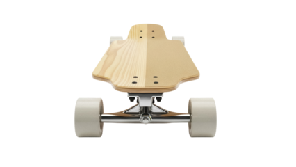Longboard skateboard isolated PNG on transparent background, wooden deck with grip tape and white wheels for extreme sports and recreation