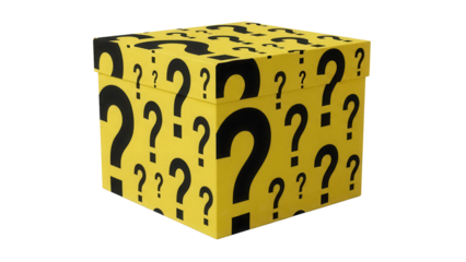 Yellow mystery box with question marks isolated PNG, surprise gift container for birthday or special occasion on transparent background